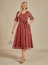  Damen Midikleid Chiffonkleid Elegant Täglich Hochzeitsgast Date Normale Passform Blumen Halbarm V Ausschnitt Koralle Rot