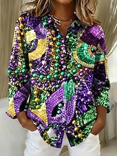 preiswerte Blumenblusen-Karnival Damen Hemd Bluse Patchwork Knöpfe Druck Grafik Abstrakt Vintage Stilvoll Lässig Langarm V Ausschnitt Hemdkragen Normale Oberteile Täglich Schwarz Violett Purpur Grün Sommer Frühling Herbst