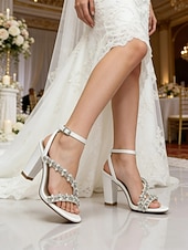 economico sposa-sandali bianchi con tacco a blocco per la sposa – scarpe da sposa impreziosite da cristalli con cinturino alla caviglia