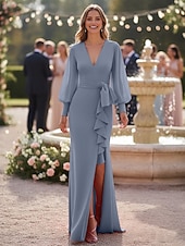 A-Line Sheath Column Sweep Brush Train Wedding Guest Dress Chiffon Dress Formal Dresses Mother of the Bride Dress Long Sleeve V Neck Elegant Vintage Simple Formal Chiffon with Sash / Ribbon Ruffles