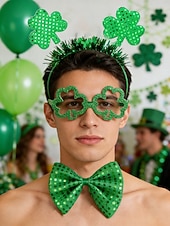  女性用聖パトリックデー 3点セット シャムロックコスチュームアクセサリー、グリッターグラス、ヘッドバンド &蝶ネクタイパーティーウェア