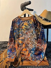お買い得  ボヘミアントップス-女性用 プルオーバースウェットシャツ プリント グラフィック トライバル ファッション カジュアル 長袖 クルーネック レギュラートップス ストリート 日常着 ブラウン 秋 冬