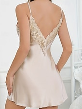 お買い得  レディース ワンジー-女性用 ナイトガウン 活発的 セクシー カジュアル ピュアカラー レース バックレス ドレス 日常 家 ベッドサイド ノースリーブ ストラップ ライトピンク ブラック シャンパン ルビーレッド パープル 夏 レギュラー