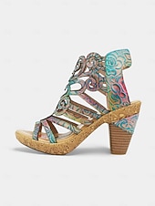 preiswerte Absatzsandalen-Bunte Damen-Sandalen aus Rindsleder mit lasergeschnittenem Blockabsatz und Klettverschluss im Boho-Gladiator-Stil für Gartenpartys, Festivals und besondere Anlässe.