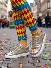 お買い得  女性の靴-ウィメンズ・マルディグラ・ゴールドグリッターのスパークリースニーカー、メタリックトーキャップ付き – カーニバル、ニューイヤーズイブ  カジュアルグラム用のブリングレースアップフラットシューズ