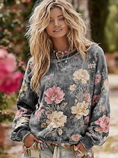 economico Felpe Floreali-Per donna Felpa Pullover Floreale Casual Manica Lunga Girocollo Top Regolari Casuale Streetwear Abbigliamento Quotidiano Blu Viola Grigio Primavera Autunno Inverno