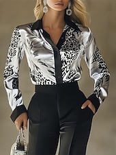 ieftine Bluze elegante-Pentru femei Cămașă Elegant Top din satin Bluză Zdrobit Peteci Nasturi Grafic Simplu Elegant Epocă Zilnic Manșon Lung Guler Cămașă Topuri obișnuite Zilnic Muncă Concediu Kaki Gri Primăvară Toamnă