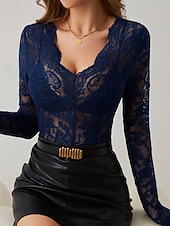 baratos Tops de Renda-Mulheres Blusa Tops de renda Renda Tecido à moda Sensual Manga Longa Decote V Tops regulares Diário Feriado Para Noite Preto Branco Vinho Azul Marinha Verde Esmeralda Outono Inverno