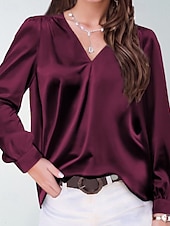 cheap Dressy Blouses-Women's Shirt Elegant Satin Top Blouse Ruched Plain Vintage Stylish Long Sleeve V Neck Regular Tops Holiday Going out Black White Wine Apricot Summer Spring