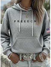 ieftine Ziua Independenței Top-Hanorac pentru femei patriote de Ziua Independenței hanorac cu glugă grafic literă casual cu mânecă lungă ținute obișnuite stradă purtare zilnică cu buzunar imprimare negru alb gri primăvară toamnă