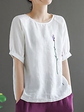 economico Camicie-Per donna Blusa Finto cotone e lino Ricamato Tinta unica Elegante Casual Mezza Manica Girocollo Top Regolari Quotidiano Bianco Giallo Viola Estate Primavera