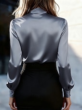 tanie Eleganckie bluzki-Damskie Koszula Elegancki Top satynowy Bluzka Z marszczeniami Wiązanie Niejednolita całość Jednokolorowe Równina Elegancja Zabytkowe damska Długi rękaw Wiązanie na szyi Zwykłe topy Codzienny Praca