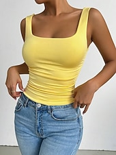 baratos Plain Tank-Women's Camisole Tank Top Solid Color Stylish Casual Sleeveless Square Neck Regular Tops Daily White Yellow Wine Red Royal Blue Summer