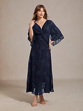 abordables Robe Fleurie-Femmes Robe maxi Robe en Chiffon Élégant Quotidien Vacances robe demoiselle d honneur À lacets Fleuri Manche 3/4 Col en V bleu marine