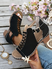 voordelige Hakken Sandalen-Rode damessandalen met dikke hak en ritssluiting, opengewerkt ontwerp, perfect voor tuinfeesten en casual gelegenheden.