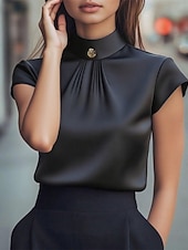 tanie Eleganckie bluzki-Damskie Koszula Elegancki Top satynowy Letnie szczyty Z marszczeniami Niejednolita całość W fałdki Równina Elegancja Zabytkowe damska Krótki rękaw Wysoki Zwykłe topy Codzienny Praca Święto Czarny