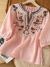 abordables Blusas Sencillas-Mujer Blusa Lino de algodón sintético Frunce Bordado Floral Elegante Casual Manga 3/4 Cuello Barco Tops regulares Diario Azul Piscina Blanco Rosa Morado Verde Trébol Verano Primavera