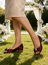 cheap Mother of Bride/Groom-Burgundy Mid Heel Wedding Shoes for Mother of the Bride – Elegant Satin Pumps with Rhinestone Bow
