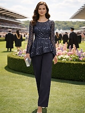 baratos Terninhos de calça da mamãe-Duas Peças Terninho Longo Vestido Para Mãe dos Noivos Manga Longa Scoop pescoço Elegante Formal Convidado do casamento Noite Formal Chiffon Renda com Lantejoulas