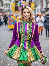 levne Příslušenství-Dámská sada plastových náhrdelníků s korálky na Mardi Gras - barevné zelené fialové a zlaté perfektní pro karnevalové a maškarní párty