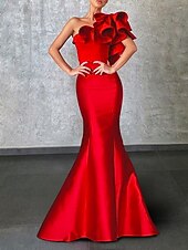 preiswerte Meerjungfrau Abendkleider-Meerjungfrauenschnitt Bodenlang Abiballkleider Abendkleid Ballkleid Festliche Kleidung Korsetts Sexy Ärmellos Ein-Schulter Formell Hochzeitsgast Taft mit Rüschen Schulterblume
