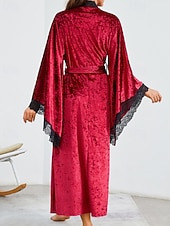 cheap Women's Onesies-Women's Robe Casual Soft Satin Pure Color Lace Patchwork Daily Home Bed Long Sleeve V Neck Black White Wine Summer Spring Loose Fit