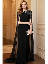 abordables Vestidos de noche de cintura imperio-Vestido de gala formal de longitud completa tipo tubo/columna vestido de gala elegante vintage vestido negro con mangas largas cuello redondo fiesta de gala boda con cristales y pedrería