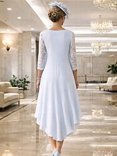  Linha A Até os Joelhos Vestido de convidada de casamento Vestido Para Mãe dos Noivos Manga Longa Decorado com Bijuteria Elegante Tamanhos Grandes Convidado do casamento Chiffon Renda com Renda