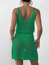 cheap Beach Dresses-Women's Cover Up Swimsuit Dress Knitted Vacation Beach Wear Solid Color V Neck Sleeveless Bathing Suits