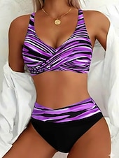 economico Bikini-Costume da bagno da donna bikini a 2 pezzi con vita alta moda vacanziera grafica a righe collo V costumi da bagno senza maniche