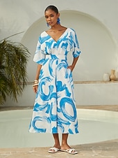 Недорогие повседневное платье-атласное синее платье макси с принтом мазков кисти для повседневного отпуска и путешествий