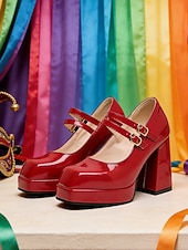お買い得  女性の靴-女性用マルディグラ赤のパテントフェイクレザープラットフォームヒールにダブルバックルのメリージェーンシューズ - カーニバル、パレード、フェスティバルのお祝いに最適