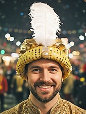 お買い得  アクセサリー-男性用カーニバルプリンススパンコールターバンキャップ | 多色、ポリエステル、羽根とパールアクセント付き | 仮装、ハロウィーン、祝祭のイベントに最適