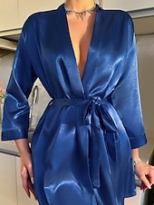 economico Camicie da notte e pigiami da donna-Per donna Camicia da Notte Casual Morbido Raso Colore Puro Allacciato Quotidiano Casa Da letto Manica Lunga Scollo a V Nero Bianco Champagne Rosa Rosso Estate Vestibilità comoda