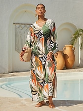 お買い得  プリントカジュアルドレス-バケーション トロピカル ボタニカル プリント ドルマンスリーブ サテン マキシドレス