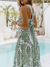 tanie Sukienki kwiatowe-Damskie Sukienka maxi Sukienka A line Sukienka na ramiączkach Urlop Codzienny Na zewnątrz Wyjściowe Luźna Kwiaty Graficzny Bez rękawów Cienkie ramiączka Niebieski Błękit nieba Pomarańczowy Zielony