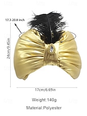 levne Příslušenství-Pánský zlatý metalický polyesterový klobouk na Mardi Gras s peřím a broží - princ sultán nebo arabská pokrývka hlavy pro karneval a maškarní akce