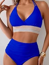 preiswerte Bikini-Sets-Damen Badeanzug Zweiteilig Freche Unterhose Bademode Gerafft Rückenfrei Urlaub Strandbekleidung Einfach Neckholder Ärmellos Badeanzüge