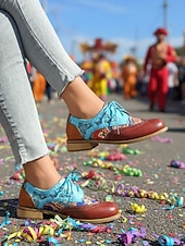 お買い得  女性の靴-ウィメンズ・マルディグラ カラフルなマルチカラーパッチワークブローグとレースアップオックスフォードシューズ – カーニバルパレード、フェスティバルコスチューム＆パーティーセレブレーションのためのレトロアーティスティックスタイル