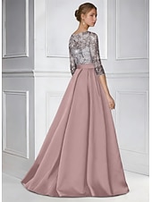 economico Abiti da Sera a Linea A-Linea ad A Lunghezza al pavimento Perline ricamate Abito Formale Abito da madre della sposa Abito da Sera Elegante Spacco Alto Manica 3/4 Girocollo Matrimonio Formale Raso Con Paillettes con