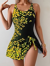 baratos Fatos de Banho 1 Peça-Maiô Feminino Com Saia Tipo Monokini Corta Alto Controle De Barriga Cintura Alta Slim Sem Costas Férias Vintage Floral Gráfico U Decote Sem Mangas