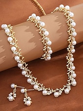 abordables Boda ACC-Conjunto de joyas de aleación de perlas de imitación para mujer: conjunto de 3 piezas de collar, pulsera y aretes, perfecto para bodas y ocasiones especiales.