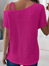 abordables Camiseta lisa-Mujer Camiseta Color sólido Vintage Elegante Manga Corta Cuello asimétrico Tops regulares Diario Noche Fin de semana Negro Blanco Rosa Caqui Verano Primavera