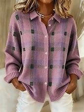 Недорогие свитшоты-Жен. Вязаная ткань Кардиган Элегантный стиль Мода Уличный стиль Сплошной цвет В клетку Рубашечный воротник Пэчворк Пуговицы Трикотаж Длинный рукав Обычные топы Вязать