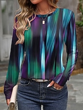 cheap Art&amp;Design tee-Women's T Shirt Print Graphic Geometry Vintage Stylish Modern Long Sleeve Crew Neck Regular Tops Daily Weekend Blue Purple Green Spring Winter