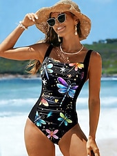 tanie Stroje kąpielowe jednoczęściowe-Kostium kąpielowy jednoczęściowy dla kobiet Wyszczuplający Z marszczeniami Monokini Wysoki krój Kontrola brzucha Wysoki stan Bez pleców Na wakacje Plaża grafika zwierzęca U dekolt Bez rękawów