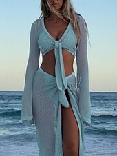 Недорогие Пляжные платья-Жен. Купальники Накидка 2 шт. купальник Трикотаж Отпуск Одежда для пляжа Сплошной цвет V-образный вырез Длинный рукав Купальники