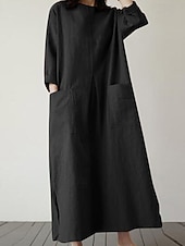 abordables Vestidos-Mujer Vestido Midi Lino de algodón sintético Vestido de cambio Vestido informal Elegante Moda Moderno Diario Vacaciones Noche Ajuste regular Plano Manga Larga Cuello Barco Negro Verde Ejército