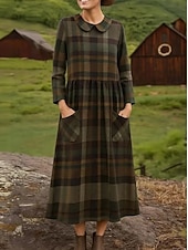 Недорогие Stripe&amp;Geometric Dress-Women's Midi Dress Sheath Dress Pleated Dress Vacation Casual Boho Holiday Spring Dress Regular Fit Plaid Long Sleeve Crew Neck Blue Light Brown Brown Spring Fall