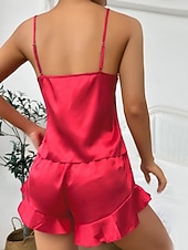 voordelige Slaaptops en -broeken voor dames-Dames Pyjamaset Casual Zacht Satijn Heldere kleur Met ruches Trekkoord Blote rug Korte broek Dagelijks Huis Bed Mouwloos hihnat blauw Zwart Champagne Blozend Roze Rood Zomer Ruim Passend